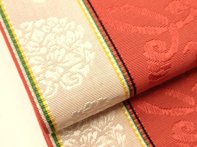 平和屋着物●本場筑前博多織 半幅帯 小野和也作 花唐草間道 証紙付き 正絹 逸品 CABI4978ak