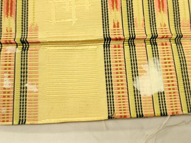 平和屋着物●本場筑前博多織 両面 半幅帯 高橋絹織謹製 献上柄/幾何学間道 証紙付き 正絹 逸品 未使用 CABI4984ak