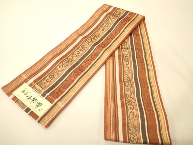 平和屋着物●本場筑前博多織 両面 半幅帯 草花間道 証紙付き 正絹 逸品 未使用 CABI5034ak