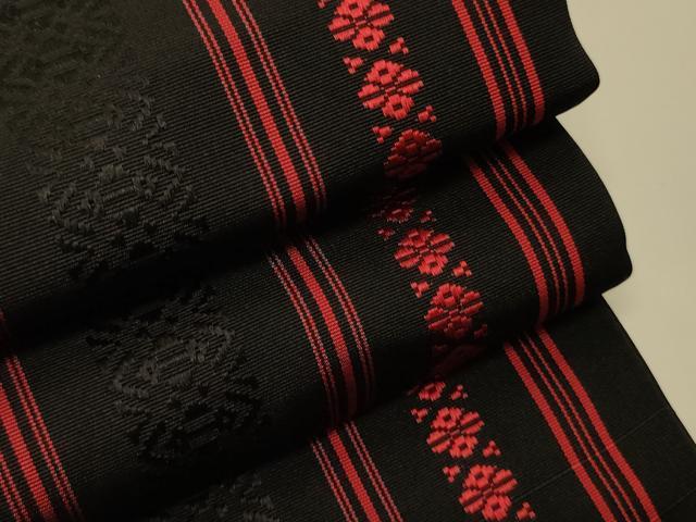 平和屋着物●本場筑前博多織 半幅帯 献上柄 黒地 正絹 逸品 CABI5045ak