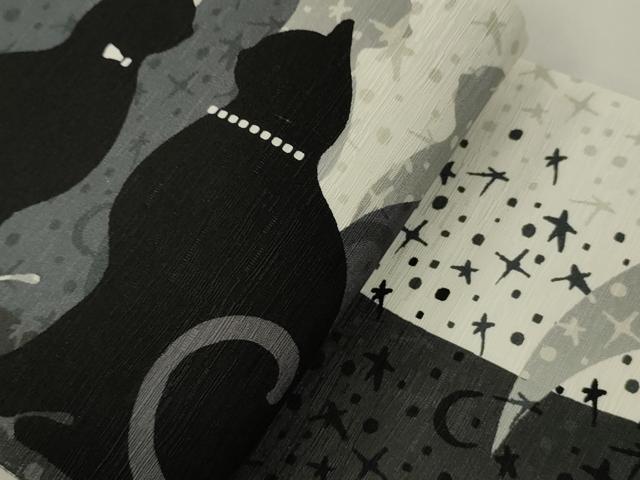 平和屋着物●両面 半幅帯 猫と月と星 さが美扱い 正絹 逸品 未使用 CABI5091ak