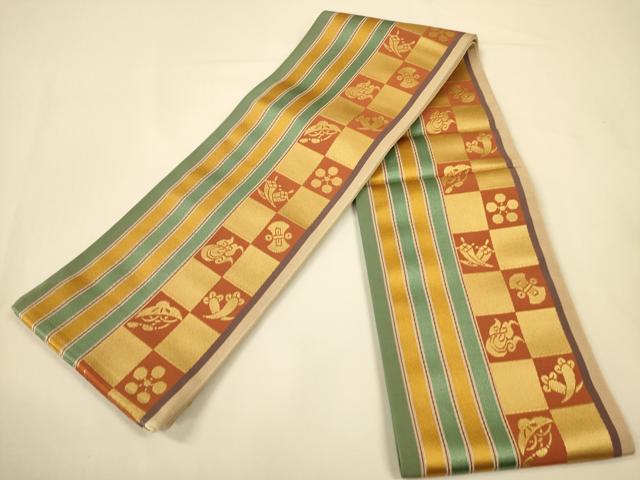 平和屋着物●本場筑前博多織 半幅帯 森博多織謹製 市松宝尽くし文 証紙付き 正絹 逸品 CABI5108ak