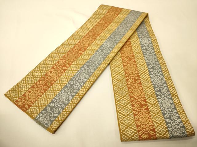 平和屋着物●本場筑前博多織 半幅帯 井上絹織謹製 花唐草間道 証紙付き 正絹 逸品 CABI5157ak