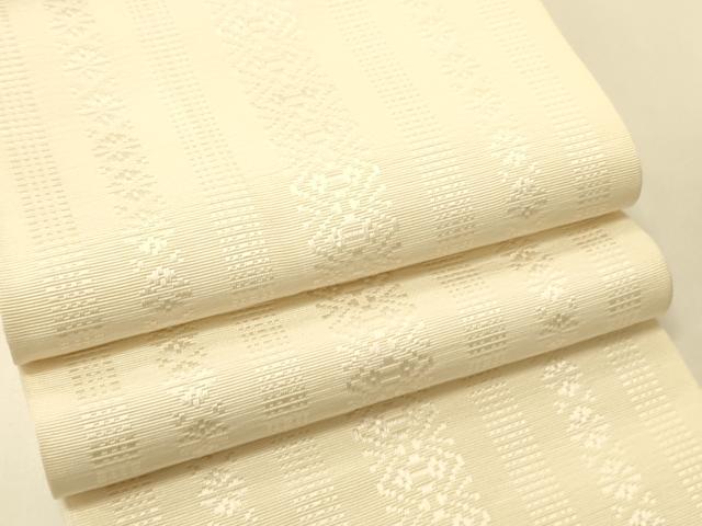 平和屋着物●本場筑前博多織 半幅帯 田中利弘作 献上柄 象牙色 証紙付き 正絹 逸品 CABI5170ak