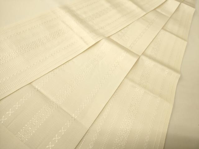 平和屋着物●本場筑前博多織 半幅帯 井上絹織謹製 一重帯 献上柄 博多金ラベル 象牙色 証紙付き 正絹 逸品 CABI5177ak