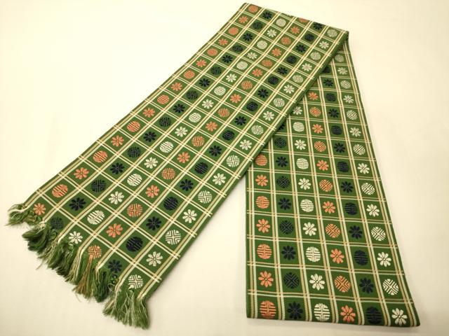 平和屋着物●本場筑前博多織 半幅帯 いちご錦 市松花丸文 正絹 逸品 CABI5180ak