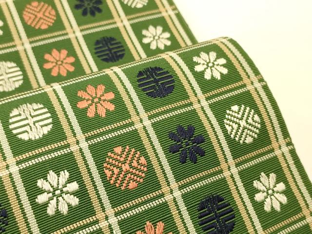 平和屋着物●本場筑前博多織 半幅帯 いちご錦 市松花丸文 正絹 逸品 CABI5180ak