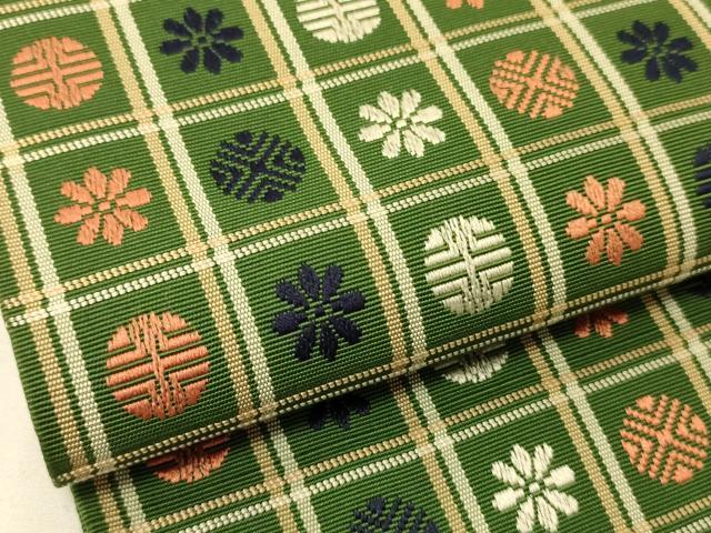 平和屋着物●本場筑前博多織 半幅帯 いちご錦 市松花丸文 正絹 逸品 CABI5180ak