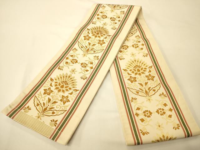 平和屋着物●本場筑前博多織 両面 半幅帯 草花間道 正絹 逸品 CABI5188ak