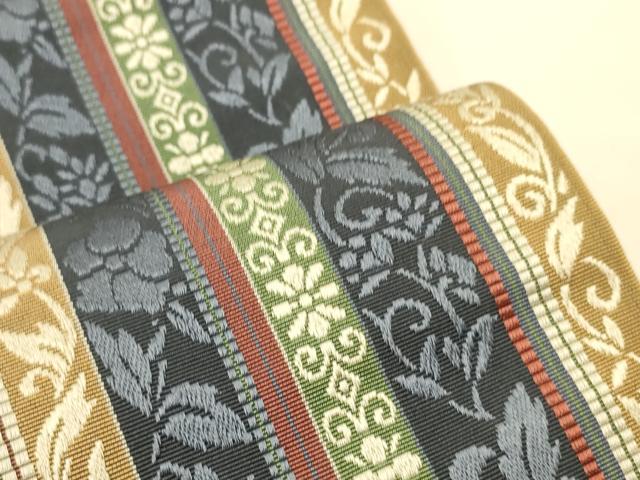 平和屋着物●本場筑前博多織 半幅帯 原田織物謹製 花唐草間道 証紙付き 正絹 逸品 CABI5200ak