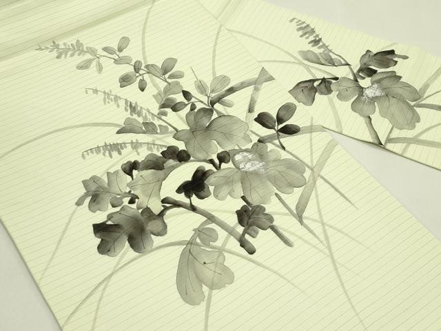 平和屋着物*夏物 絽塩瀬 九寸名古屋帯 手描き 草木文 銀彩 正絹 逸品 CABI5281rv