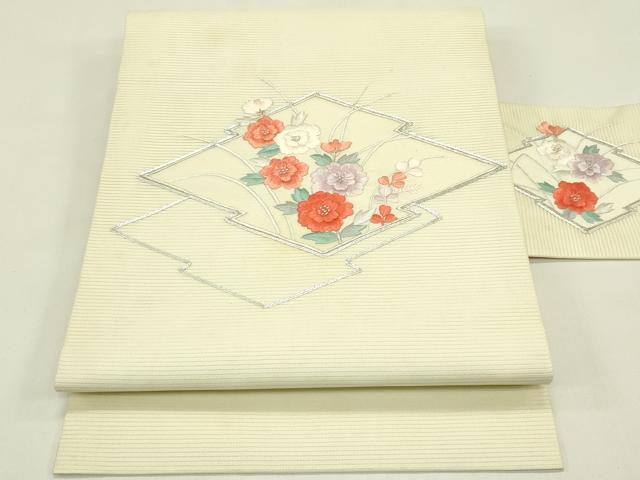 平和屋着物*夏物 九寸名古屋帯 総刺繍 駒刺繍 松皮菱花文 銀糸 正絹 逸品 CABI5310rv