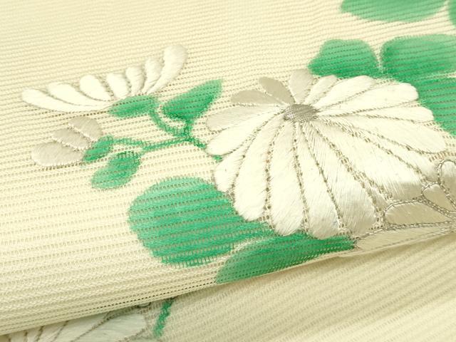 平和屋着物*夏物 九寸開き名古屋帯 手描き 刺繍 菊 銀糸 正絹 逸品 CABI5324rv