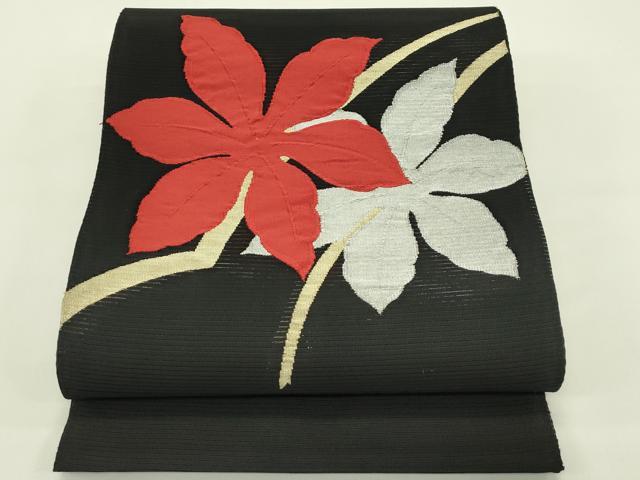 平和屋着物*夏物 西陣の名門織元 いづくら謹製 八寸名古屋帯 絽綴れ 草花文 黒地 金銀糸 正絹 逸品 CABI5340rv