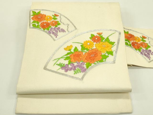 平和屋着物*夏物 九寸名古屋帯 総刺繍 地紙草花文 銀糸 正絹 逸品 CABI5394rv