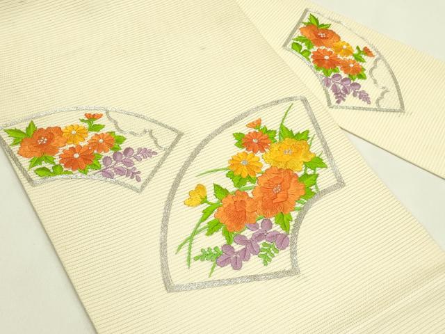 平和屋着物*夏物 九寸名古屋帯 総刺繍 地紙草花文 銀糸 正絹 逸品 CABI5394rv