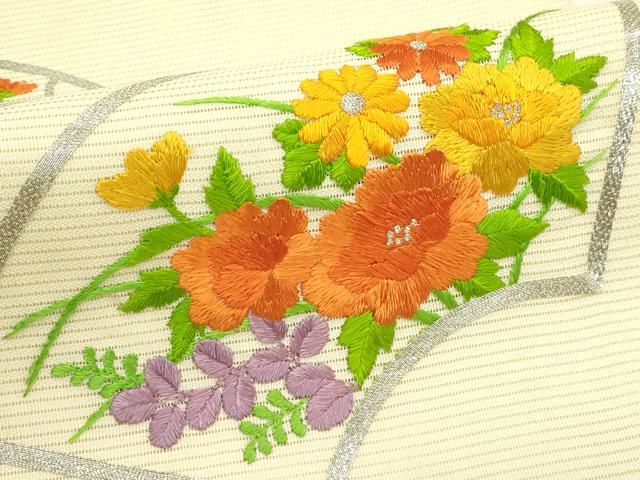 平和屋着物*夏物 九寸名古屋帯 総刺繍 地紙草花文 銀糸 正絹 逸品 CABI5394rv