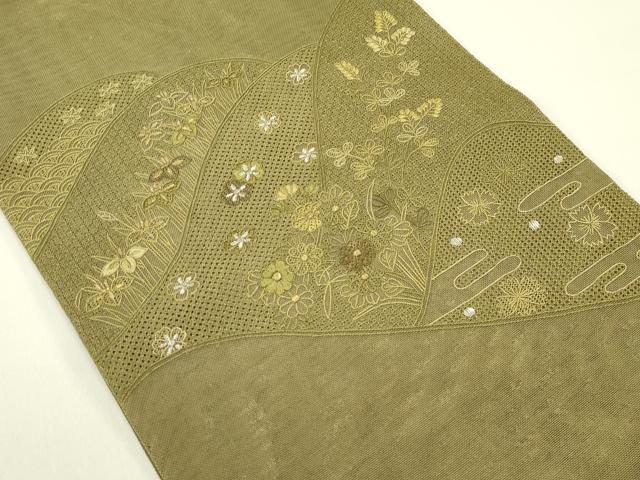 平和屋着物*夏物 太鼓柄袋帯 総刺繍 中国三大刺繍 スワトウ刺繍 遠山草花文 金銀糸 正絹 逸品 CABI5420rv