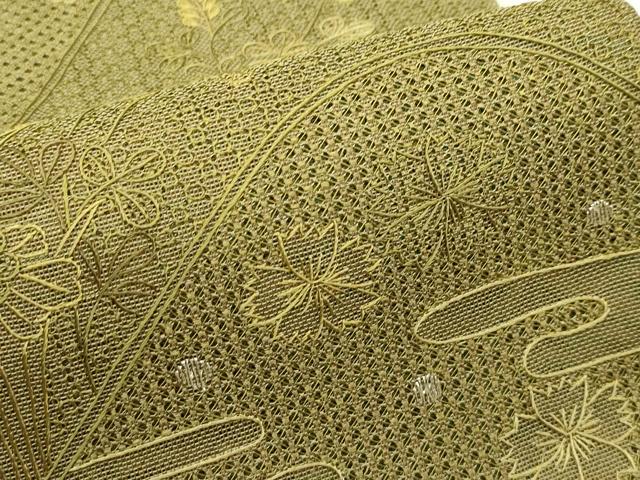 平和屋着物*夏物 太鼓柄袋帯 総刺繍 中国三大刺繍 スワトウ刺繍 遠山草花文 金銀糸 正絹 逸品 CABI5420rv