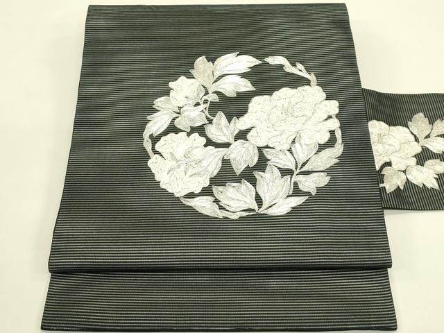 平和屋着物*夏物 九寸名古屋帯 総刺繍 駒刺繍 牡丹 黒地 銀糸 正絹 逸品 CABI5444rv