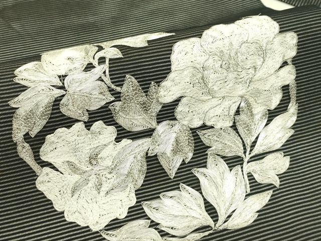 平和屋着物*夏物 九寸名古屋帯 総刺繍 駒刺繍 牡丹 黒地 銀糸 正絹 逸品 CABI5444rv