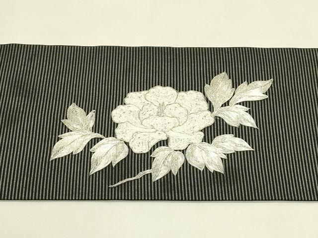 平和屋着物*夏物 九寸名古屋帯 総刺繍 駒刺繍 牡丹 黒地 銀糸 正絹 逸品 CABI5444rv