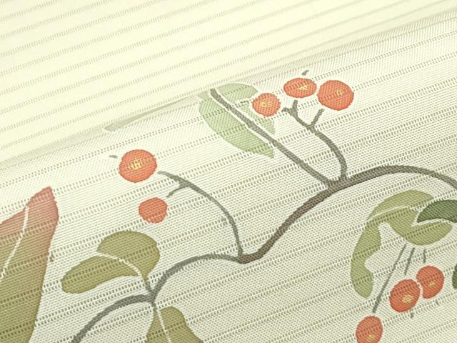 平和屋着物*夏物 絽塩瀬 九寸名古屋帯 作家物 友禅 休み鳥 南天 正絹 逸品 CABI5449rv