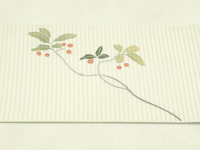 平和屋着物*夏物 絽塩瀬 九寸名古屋帯 作家物 友禅 休み鳥 南天 正絹 逸品 CABI5449rv