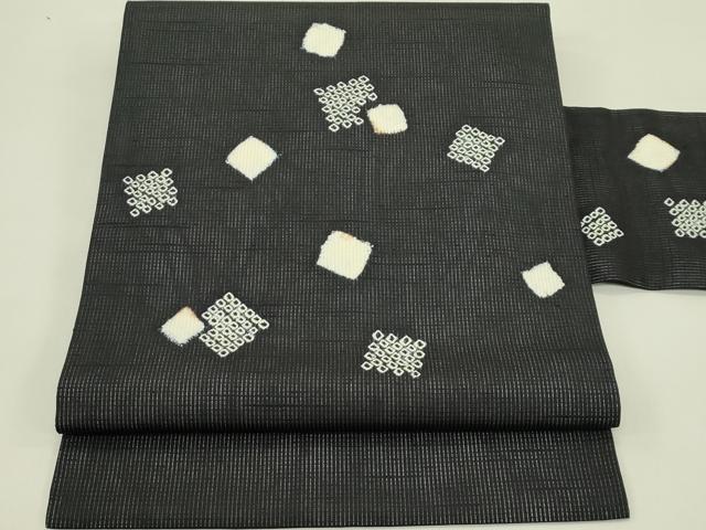 平和屋着物*夏物 九寸名古屋帯 絞り 色紙重ね文 黒地 正絹 逸品 CABI5468rv
