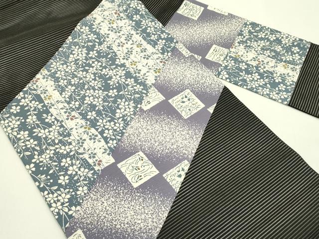 平和屋着物*夏物 九寸名古屋帯 切嵌 草花文 黒地 正絹 逸品 未使用 CABI5470rv