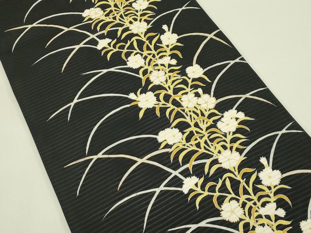 平和屋着物*夏物 絽塩瀬 九寸開き名古屋帯 撫子 黒地 金彩 三越扱い 正絹 逸品 CABI5473rv
