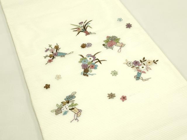 平和屋着物*夏物 九寸開き名古屋帯 刺繍 草花文 金糸 正絹 逸品 CABI5483rv
