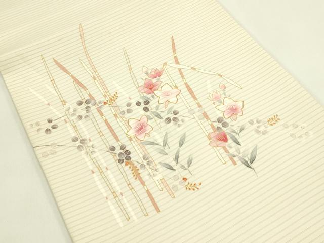 平和屋着物*夏物 絽塩瀬 九寸開き名古屋帯 駒刺繍 草花文 金彩 正絹 逸品 CABI5490rv
