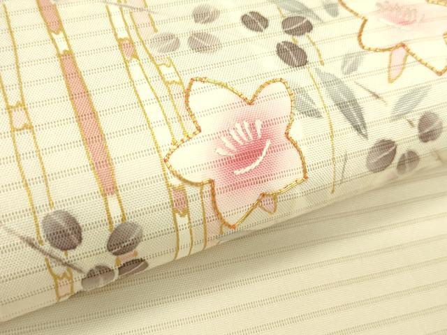 平和屋着物*夏物 絽塩瀬 九寸開き名古屋帯 駒刺繍 草花文 金彩 正絹 逸品 CABI5490rv