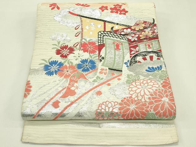 平和屋着物*夏物 アンティーク 大正ロマン 丸帯 引き抜き帯 御所車花文 金銀糸 正絹 逸品 CABI5545rv