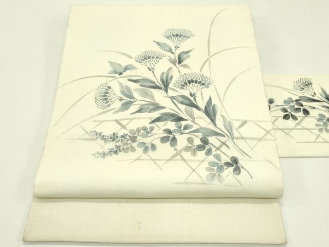 平和屋着物*夏物 九寸名古屋帯 手描き 籠目秋草文 CABI5550rv