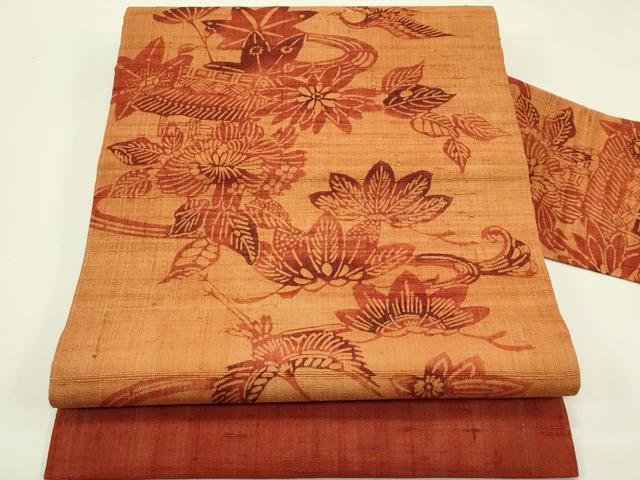 平和屋着物*夏物 九寸名古屋帯 生紬 型染め 飛鶴風景花文 正絹 逸品 CABI5552rv
