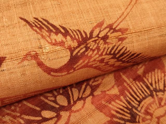 平和屋着物*夏物 九寸名古屋帯 生紬 型染め 飛鶴風景花文 正絹 逸品 CABI5552rv
