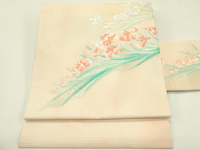 平和屋着物*夏物 九寸名古屋帯 唐織 杜若 銀糸 正絹 逸品 未使用 CABI5554rv