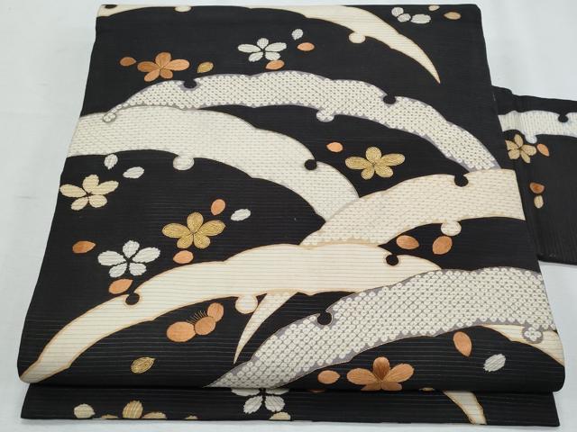 平和屋着物*夏物 アンティーク 大正ロマン 九寸名古屋帯 駒刺繍 雪芝鹿の子舞花文 黒地 正絹 逸品 CABI5645fb