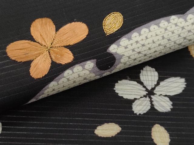 平和屋着物*夏物 アンティーク 大正ロマン 九寸名古屋帯 駒刺繍 雪芝鹿の子舞花文 黒地 正絹 逸品 CABI5645fb