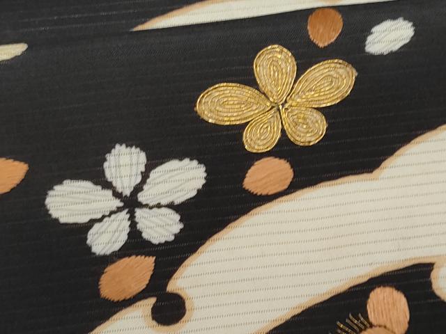 平和屋着物*夏物 アンティーク 大正ロマン 九寸名古屋帯 駒刺繍 雪芝鹿の子舞花文 黒地 正絹 逸品 CABI5645fb