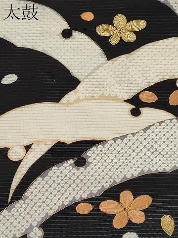 平和屋着物*夏物 アンティーク 大正ロマン 九寸名古屋帯 駒刺繍 雪芝鹿の子舞花文 黒地 正絹 逸品 CABI5645fb
