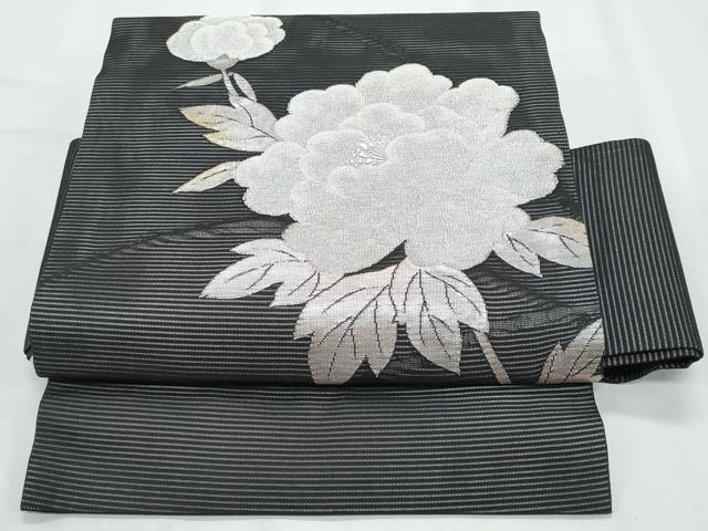 平和屋着物*夏物 つけ帯 草花文 黒地 銀糸 正絹 逸品 CABI5662fb