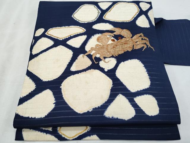 平和屋着物*夏物 アンティーク 大正ロマン 九寸名古屋帯 駒刺繍 石畳 蟹 金糸 正絹 逸品 CABI5716fb