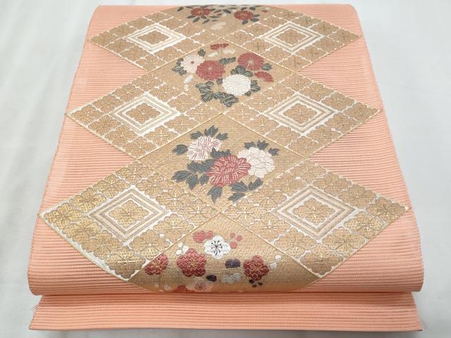 平和屋着物*夏物 太鼓柄袋帯 駒刺繍 絽刺し 区限刺繍 絽綴れ 菱草花文 金糸 正絹 逸品 未使用 CABI5718fb