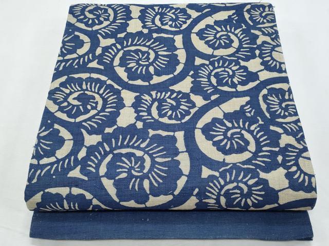 平和屋着物*夏物 全通柄 九寸名古屋帯 藍 型染め 唐草文 麻 逸品 CABI5864fb