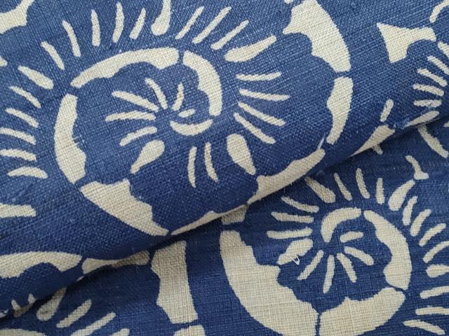 平和屋着物*夏物 全通柄 九寸名古屋帯 藍 型染め 唐草文 麻 逸品 CABI5864fb