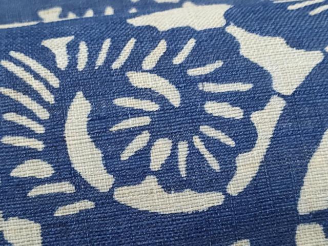 平和屋着物*夏物 全通柄 九寸名古屋帯 藍 型染め 唐草文 麻 逸品 CABI5864fb
