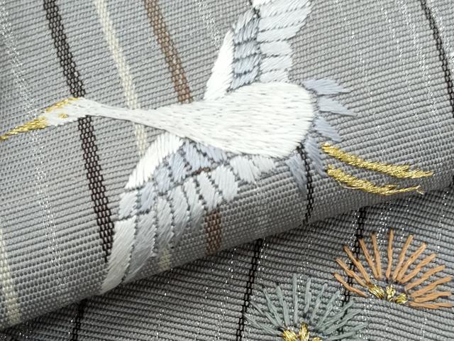 平和屋着物*夏物 八寸名古屋帯 総刺繍 飛鶴枝松文 金銀糸 正絹 逸品 CABI5914fb